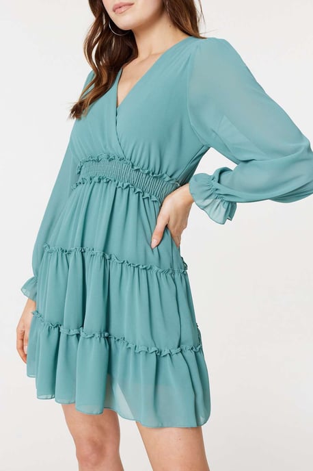 Green Lace Detail Long Sleeve Mini Dress