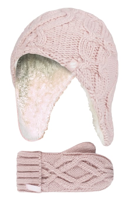 Wärmehalter - Mädchen Majestic Soft Cosy Kabel gestrickt Design Bobble Trapper Hut und Handschuhe Handschuhe Set - Dusky Pink - Image 1