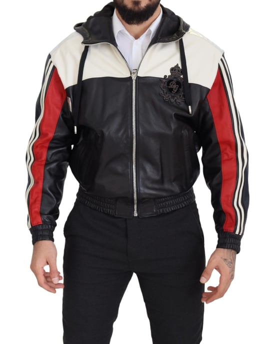 Dolce & Gabbana Schwarze Leder-Hoodie-Blousonjacke für Herren - Image 1
