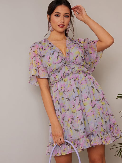Short Sleeve Ruffle Mini Dress in Grey
