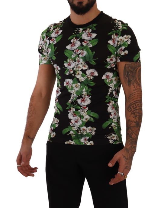 Dolce & Gabbana Black Floral Print Crewneck Men's T-shirt