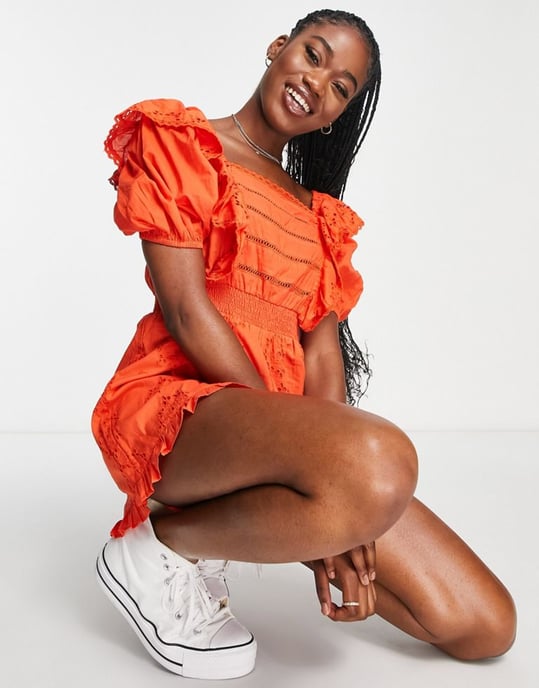 Miss Selfridge broderie frill detail playsuit in burnt orange