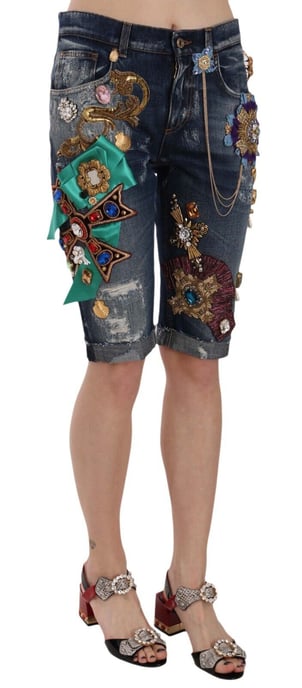 Dolce & Gabbana Damen Blue Denim Mid Waist Crystal Capri-Shorts - Image 2