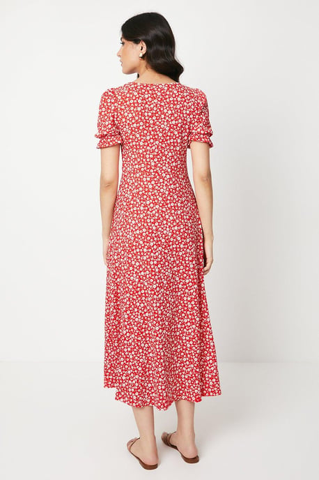 Red Ditsy V Neck Short Sleeve Midi Dress - Image 3