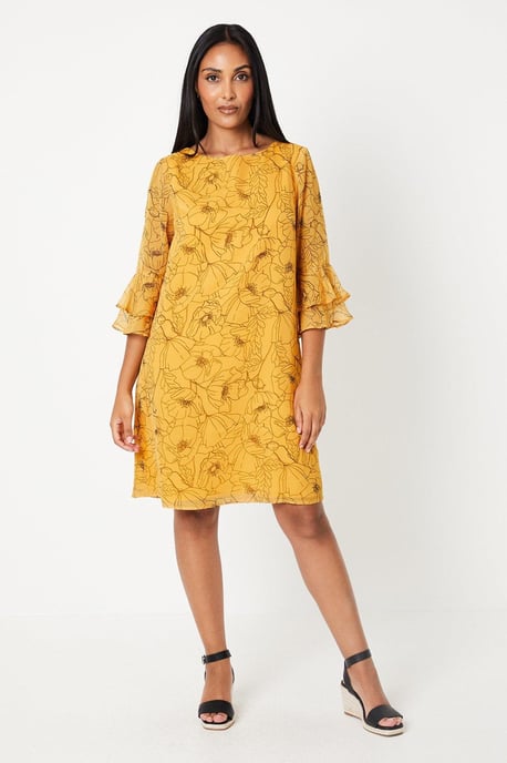 Petite Stencil Floral Flute Sleeve Shift Dress