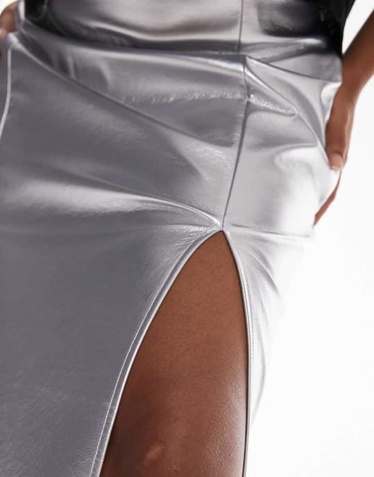 Topshop Curve vinyl double split midi skirt in silver - Image 3