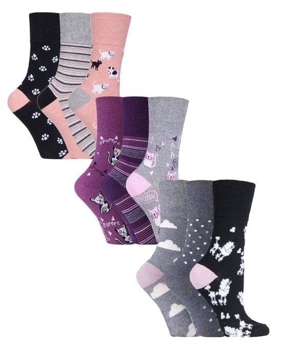 9 Paar Multipack Ladies Cotton Crew Non Elastic Socks | Gentle Grip | Womens Soft Top Striped Patterned Non Binding Socks - Cats & Dogs - Image 1