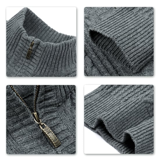 Herren Strickjacke mit Reißverschluss Cardigan Grobstrick mit Stehkragen Grau - Image 5
