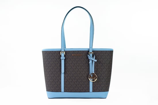 Michael Kors Women's Jet Set Travel Small Pale Blue Brown PVC Shoulder Tote Bag Purse