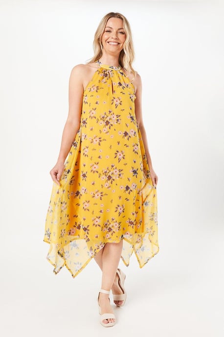Floral Chiffon Halter Sleeveless Hanky Hem Midi Dress