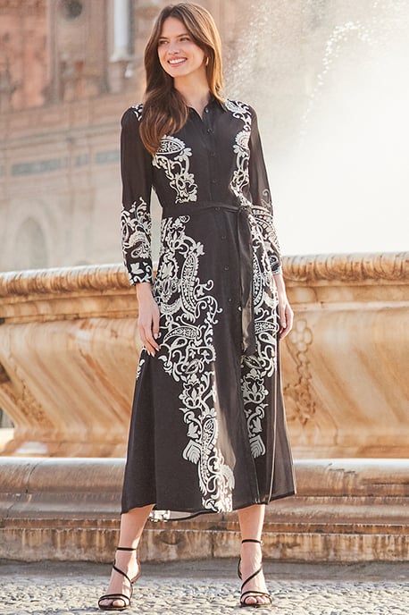 Black & White Floral Print Belted Midi Shirt Dress