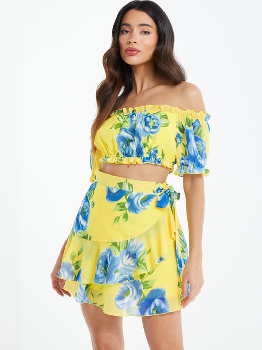 Yellow Floral Wrap Mini Skirt