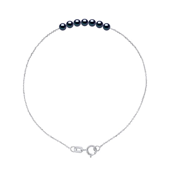 DIADEMA - Bracelet - 7 Real Freshwater Pearls - Black Tahitian Style - Cable Chain in White Gold