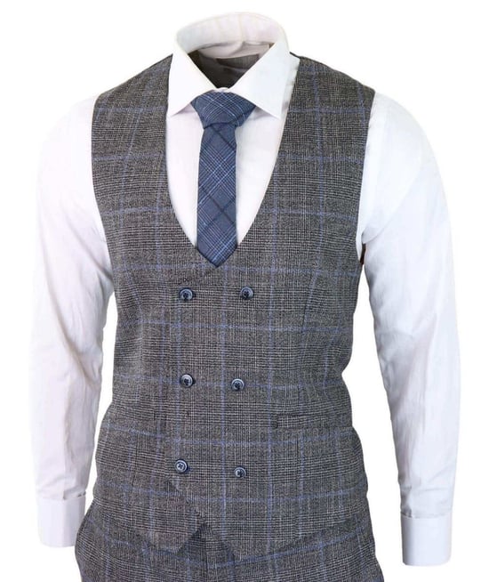 3-teiliger klassischer Tweed-Anzug für Herren im Vintage-Stil, Grau mit blauem Karomuster - Image 4