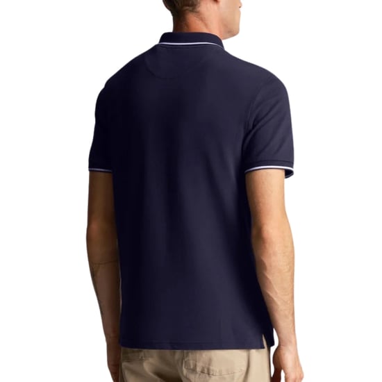 Lyle & Scott Marineblaues kurzarmliges Poloshirt mit Koordinatenmuster und Logo - Image 2