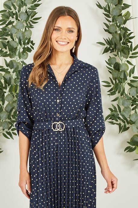 Navy Spot Pleated Skirt Midi Dress With Gold Buckle