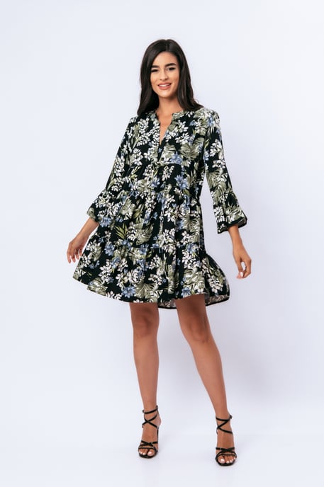 Khaki, Ecru und Blau geblümtes Kleid mit Glockenärmeln - Image 3