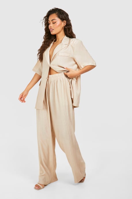 Textured Crinkle Relaxed Fit Wide Leg Trousers