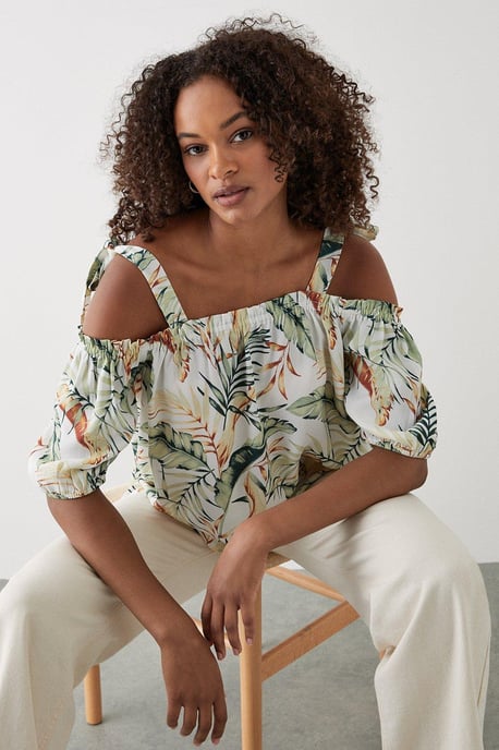 Tropical Tie Shoulder Bardot Top - Image 1