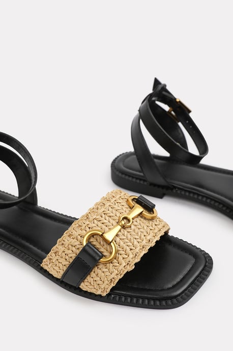 Wheres That From Womens 'Bonnie' Wide Fit Pu Straw Detail Strap Sandals With Buckle Closure