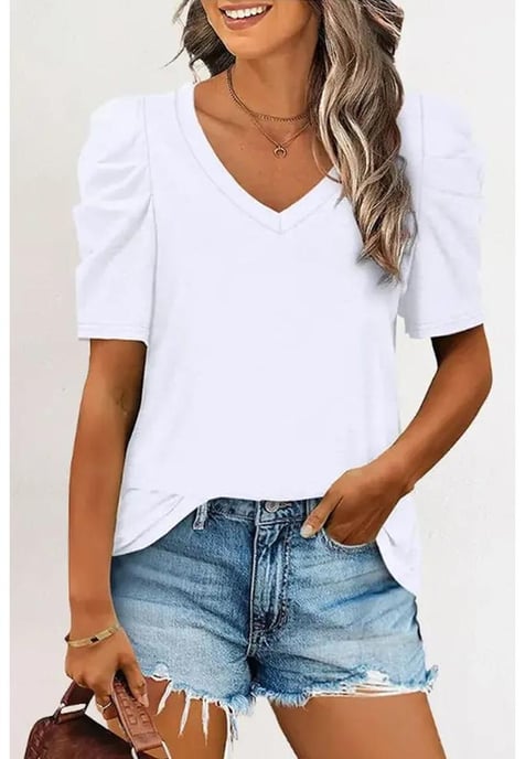 Damen V-Ausschnitt Puffärmel T-Shirt in Weiß - Image 4