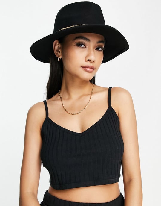 ASOS DESIGN felt fedora hat with chain band and size adjuster in black