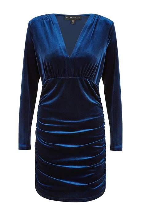 Blue Velvet Long Sleeve Ruched Fitted Dress