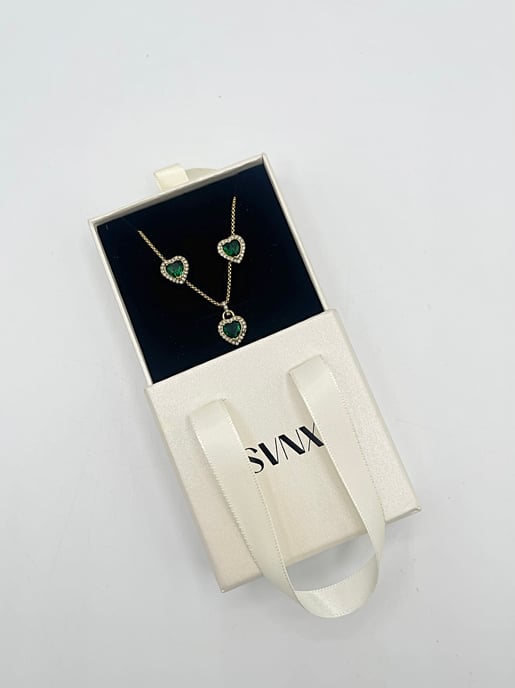 Green Diamante Heart Necklace and Earrings Set in Gold