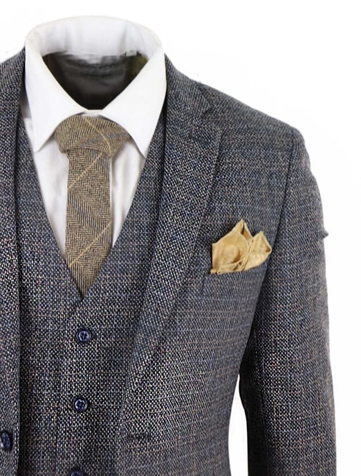 Herren 3-Teiliges Marineblaues Tweed-Karomuster Vintage Retro Anzug - Image 6