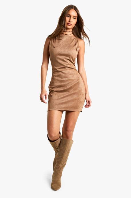 Faux Suede Slash Neck Mini Dress - Image 3
