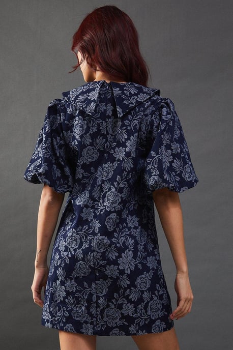 Denim Rose Jacquard Pointed Collar Mini Dress