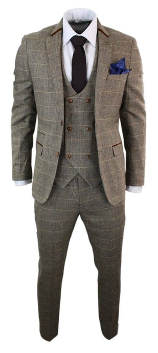 3-teiliger Herrenanzug aus hellbraunem Tweed mit Fischgrätenmuster und Karomuster - Image 2