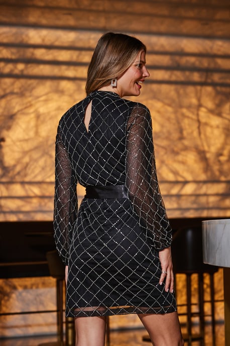 Black Geometric Embellished Belted Shift Dress