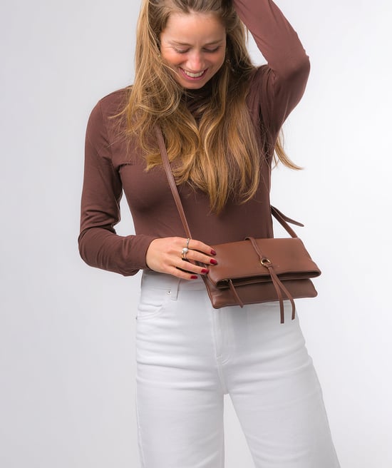 'Selene' Dark Tan Nappa Leather Cross Body Clutch Bag
