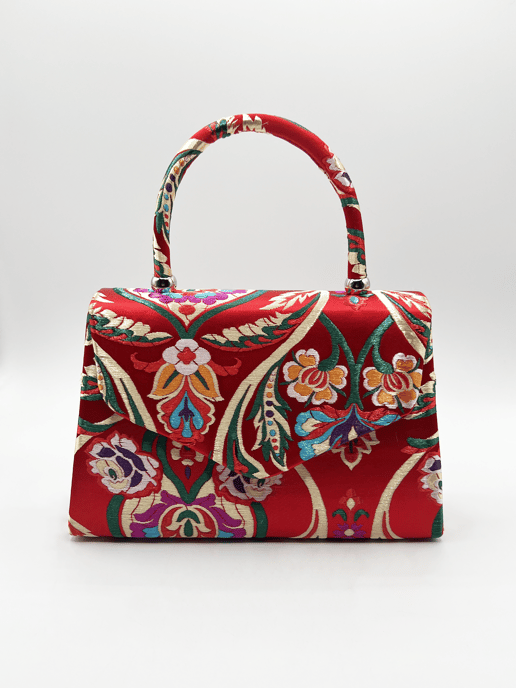 Red Satin Embroidered Top Handle Bag
