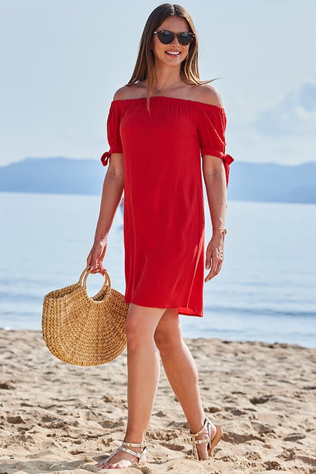 Red Crinkle Bardot Shift Dress