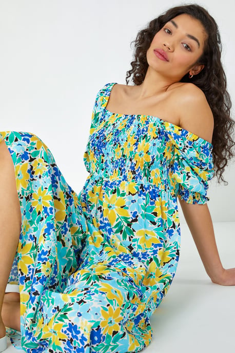 Floral Stretch Shirred Midi Dress
