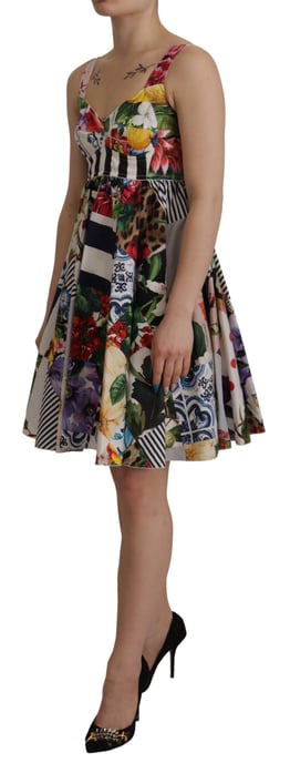 Dolce & Gabbana Mehrfarbige Patchwork Popeline Blumen A-Linien Mini-Falten Damenkleid - Image 3