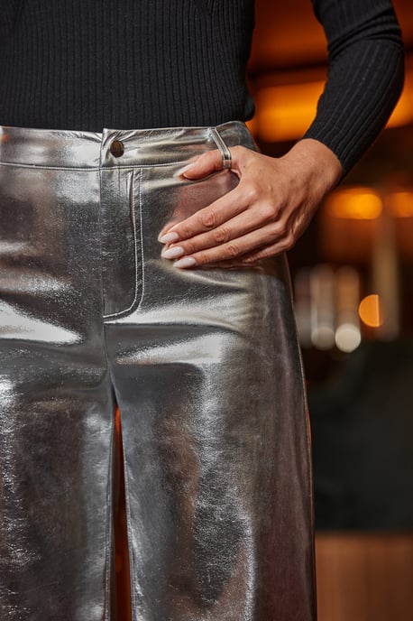 Silver Metallic Faux Leather Palazzo Trousers