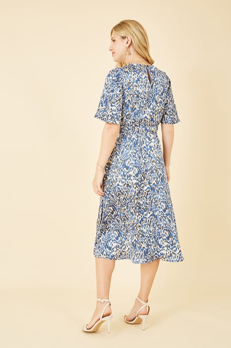 Blue Animal Print Wrap Midi Skater Dress