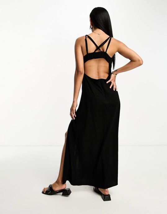 ASOS DESIGN linen cupped maxi slip sundress with cut out back in black