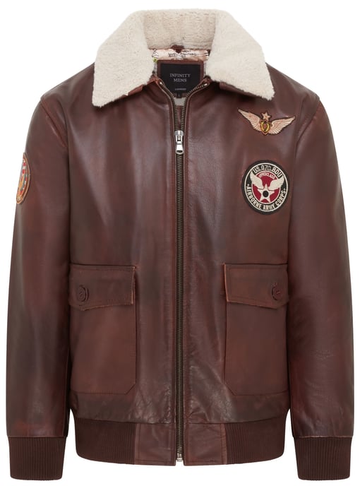 Mens Brown Cowhide Leather Aviator Bomber Jacket - Akhiok