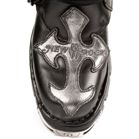 New Rock Silver Cross Black Leather Biker Boots-407-S1