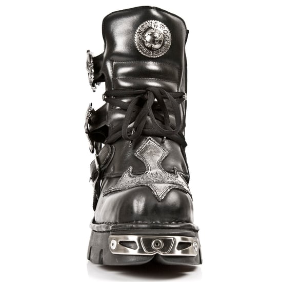 New Rock Silver Cross Black Leather Biker Boots-407-S1