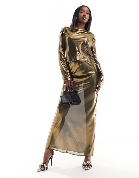ASOS DESIGN sheer metallic cowl back blouse co-ord in gold