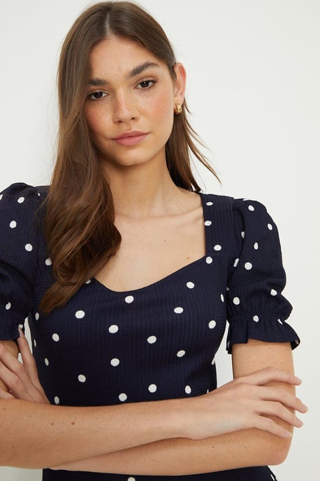 Navy Spot Sweetheart Neckline Midi Dress
