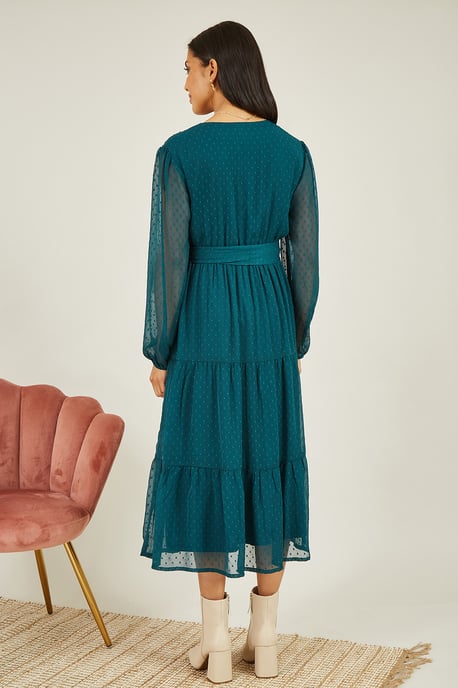 Green Recycled Dobby Spot Long Sleeve Midi Wrap Dress