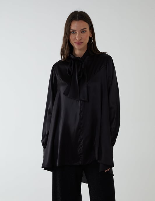 Plain Button Through Pussybow Shirt