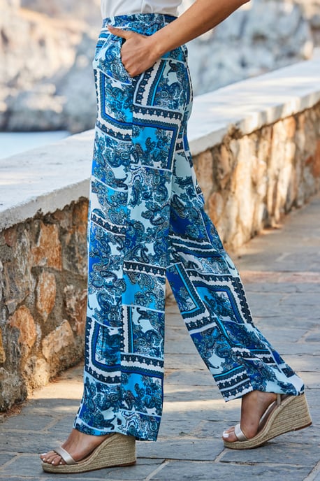 Blue Scarf Print Wide Leg Palazzo Trousers