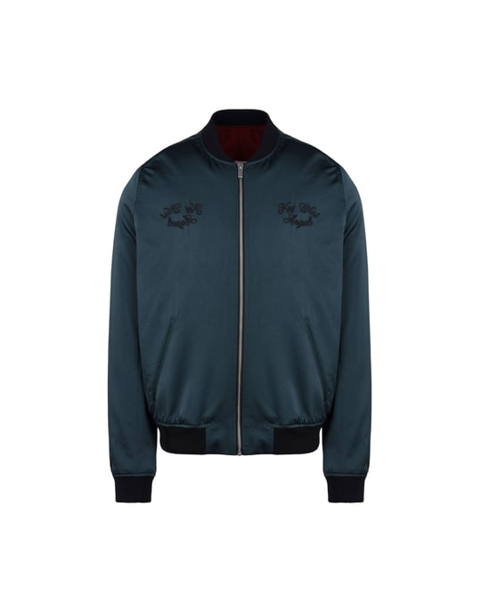 The Kooples Deep Jade Satin Bomber Jacket With Embroidered Detailing